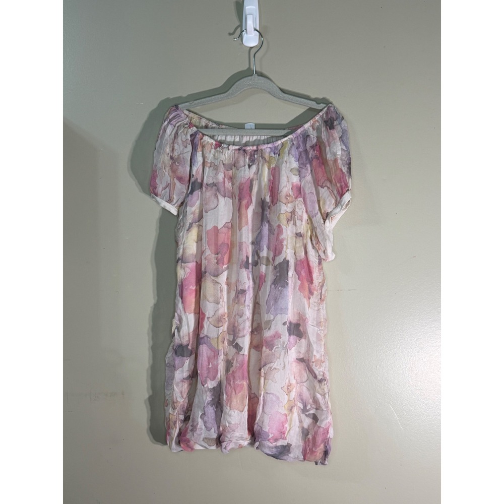Elena Baldi Italy Silk Watercolor Floral Off Shoulder Blouse Pink Purple L